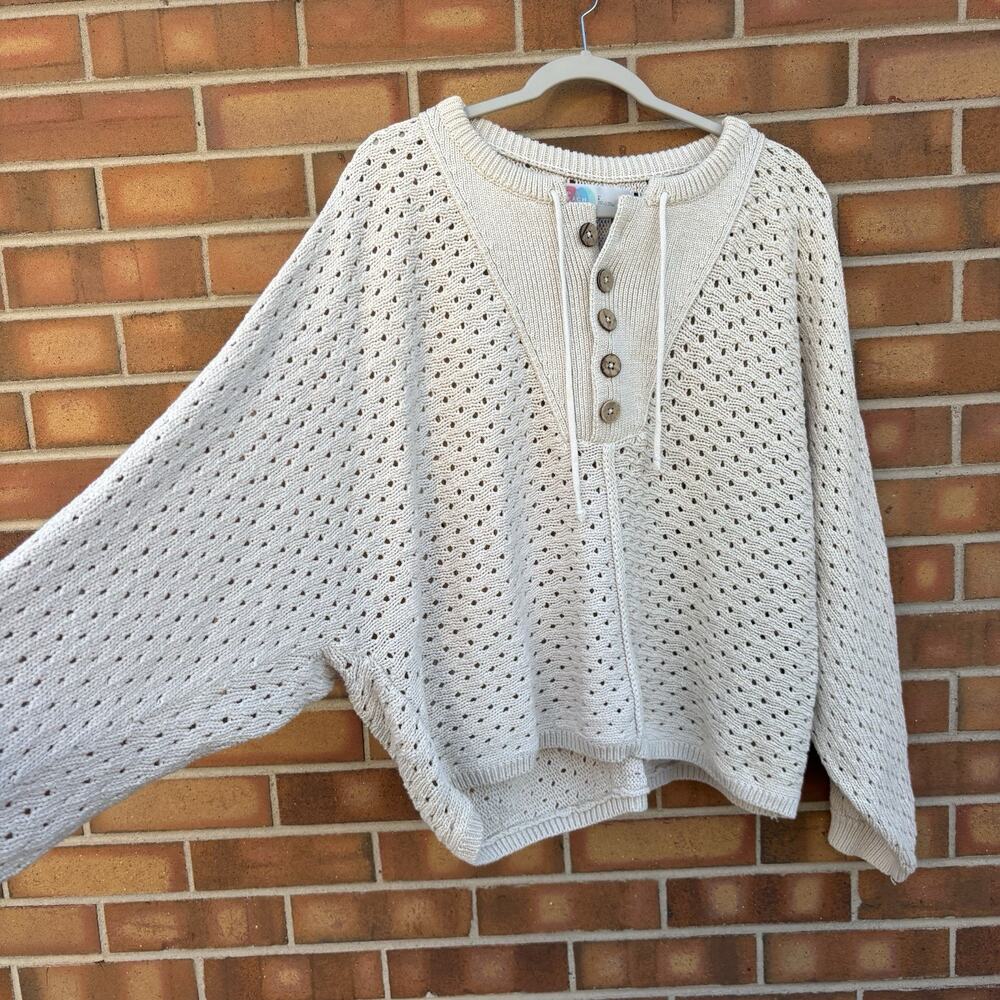 Free People Beach Cabrera Sweater Pullover Cream Henley Button Sz L - Picture 2 of 12